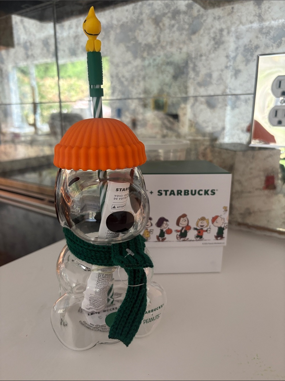 Starbucks Clear Snoopy Bottle with Orange Hat and Green Scarf